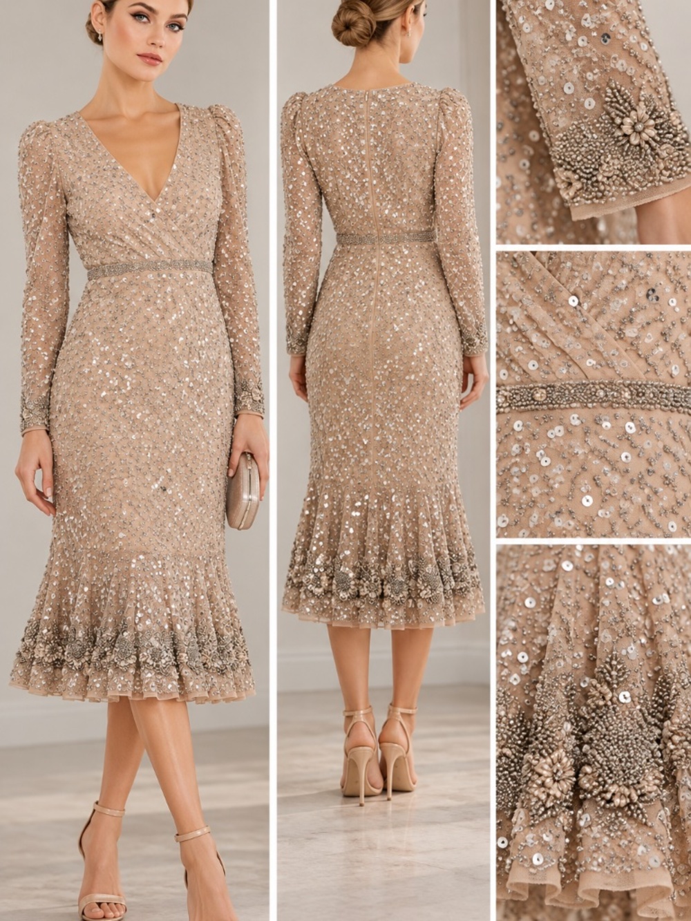 NWT Mac Duggal Champagne Sequin Beaded Long Sleeve Midi Dress